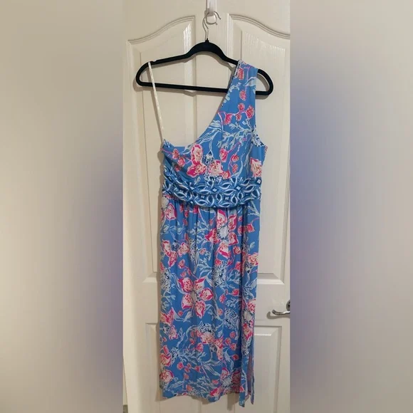 Lilly Pulitzer Blue One-Shoulder Floral Midi Dress - Picture 9 of 9